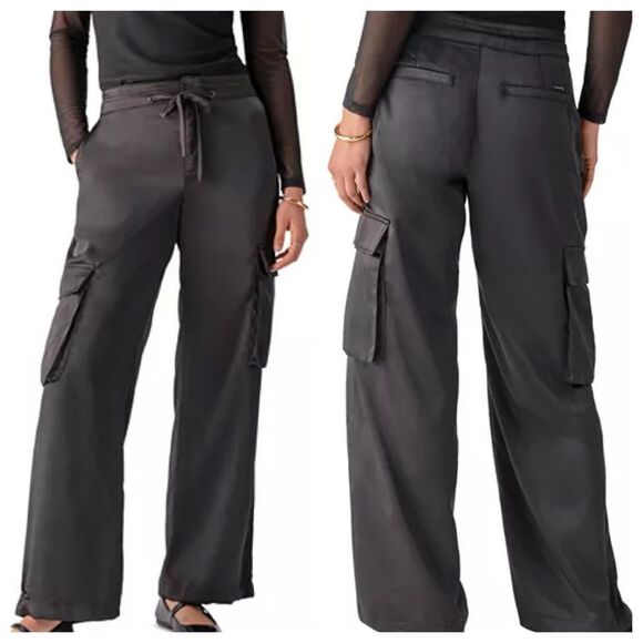 Sanctuary Anthropologie Eve Satin Cargo Pants Straight Leg Drawstring Pockets Bl - Picture 1 of 16